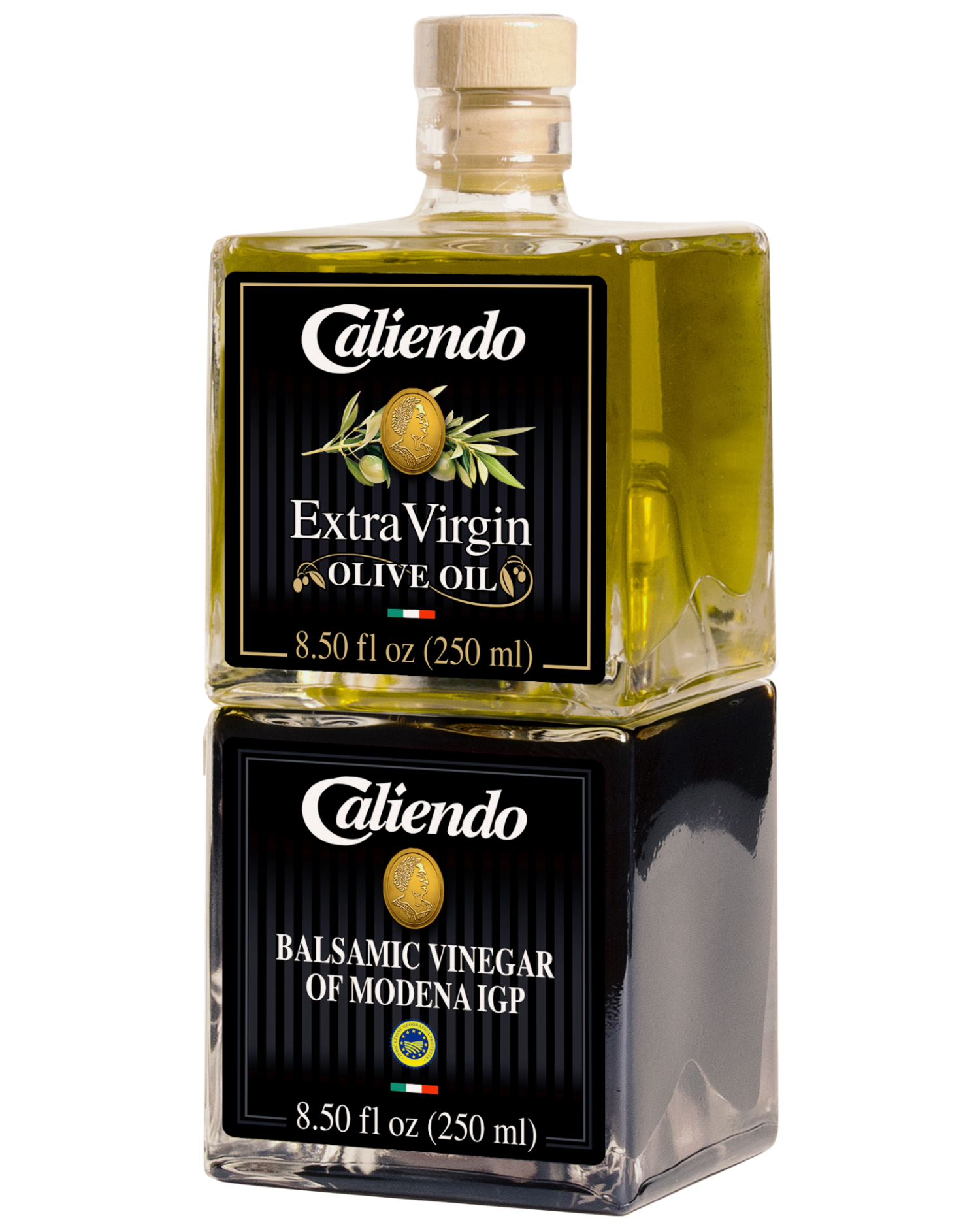 Caliendo NEW! Premium Extra Virgin Olive Oil & Balsamic Vinegar of Modena IGP Stackable Set, Authentic Italian - 17 fl oz Glass Bottles